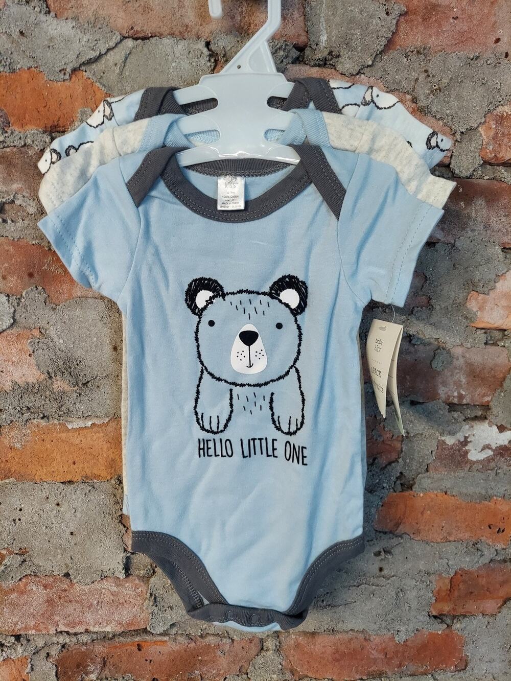 baby KISS Baby Boy Bodysuit 3 Pack Set 6-9m Blue Gray White Bear Print Cotton